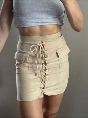 Honey Punch Beige Mini Skirt with Lace-Up Detail
